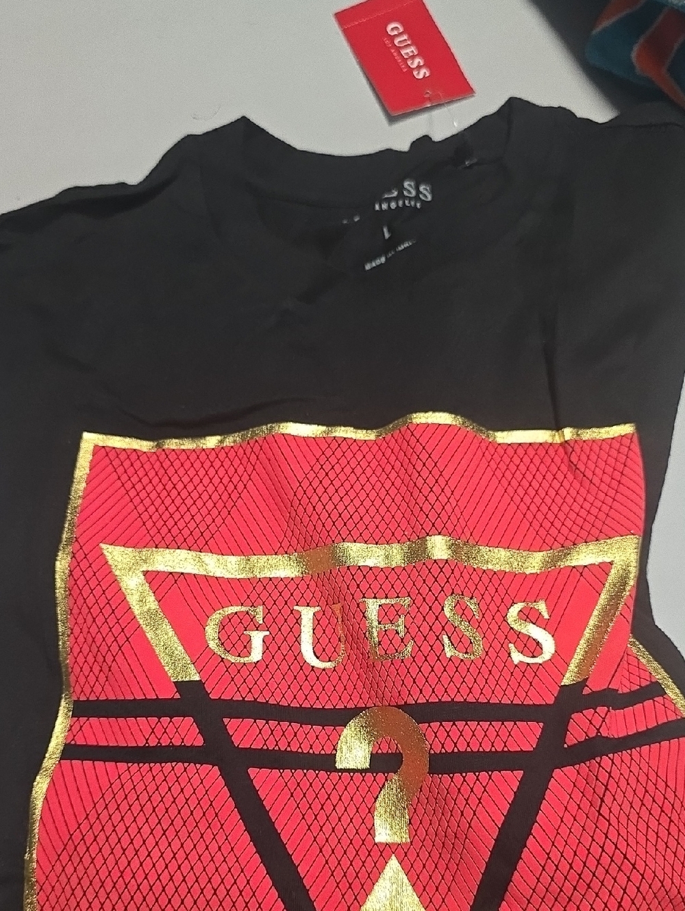 GUESS Black Tee with Red Triangle and Gold Foil Logo